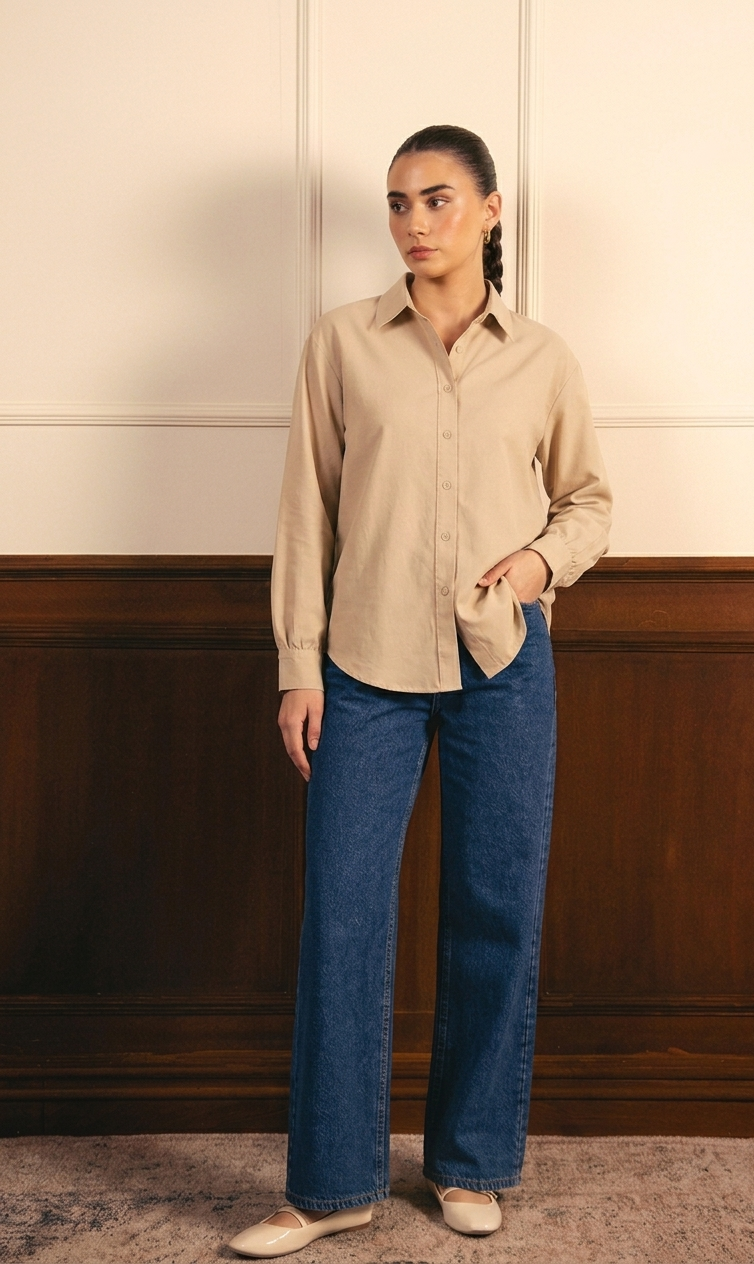 Beige Button Down Shirt & Mid Blue Wide Leg Jeans