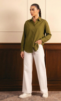 Olive Green Button Down Shirt & White Wide Leg Jeans