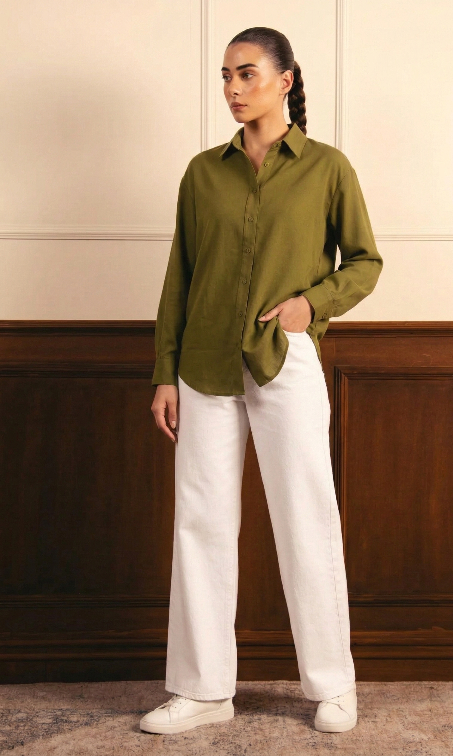 Olive Green Button Down Shirt & White Wide Leg Jeans