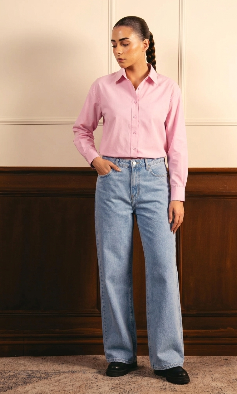 Baby Pink Button Down With Ice-Blue Wide Leg Jeans