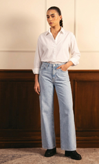 White Button Down Shirt & Ice-Blue Wide Leg Jeans