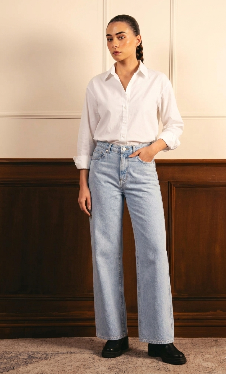 White Button Down Shirt & Ice-Blue Wide Leg Jeans