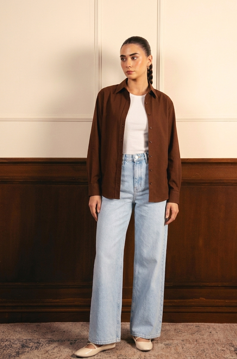 Brown Button Down Shirt with Inner & Ice-Blue Wide Legs Jeans