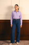 Lilac Button Down Shirt & Mid Blue Wide Leg Jeans