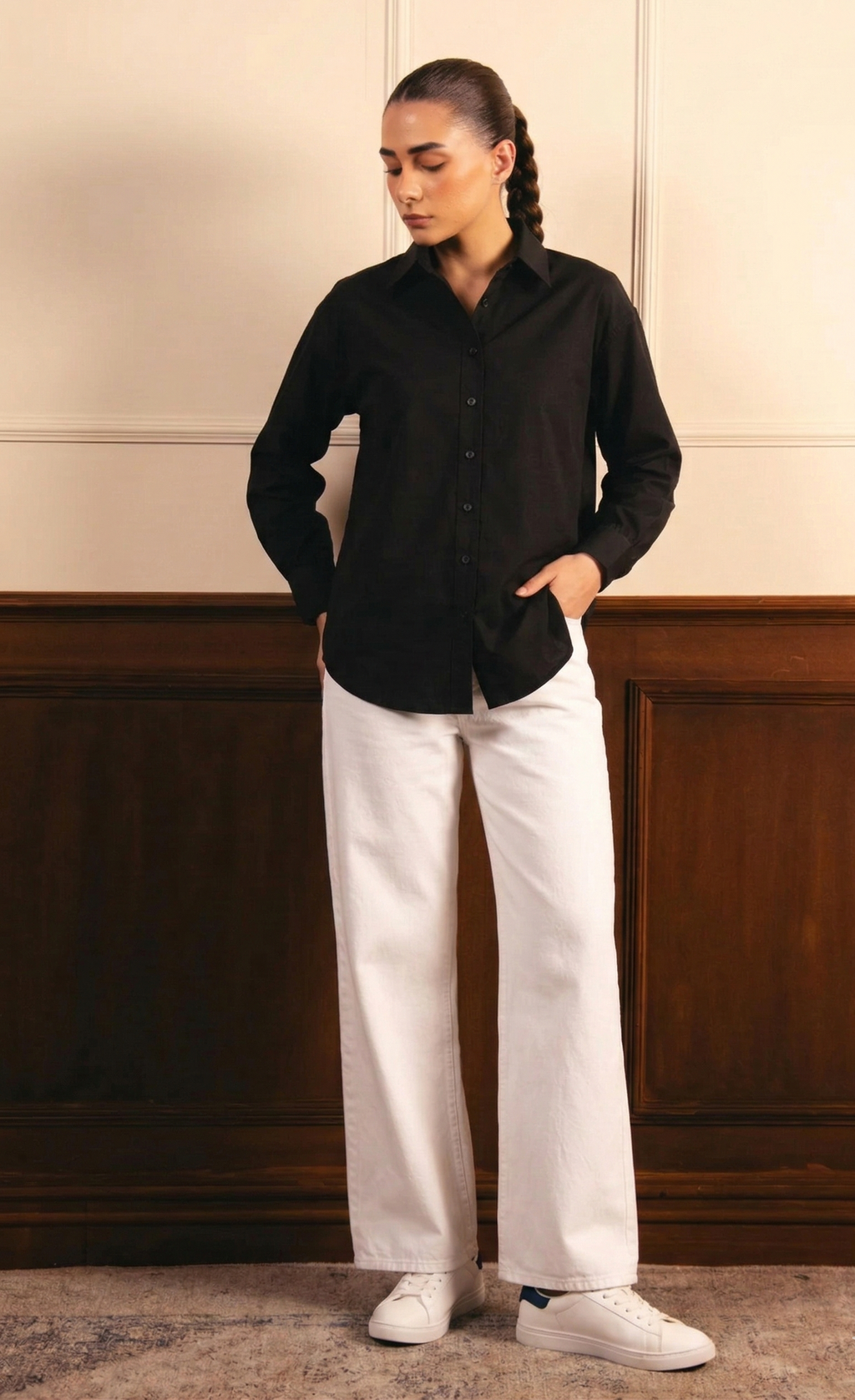 Black Button Down Shirt & White Wide Leg Jeans