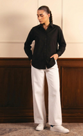 Black Button Down Shirt & White Wide Leg Jeans