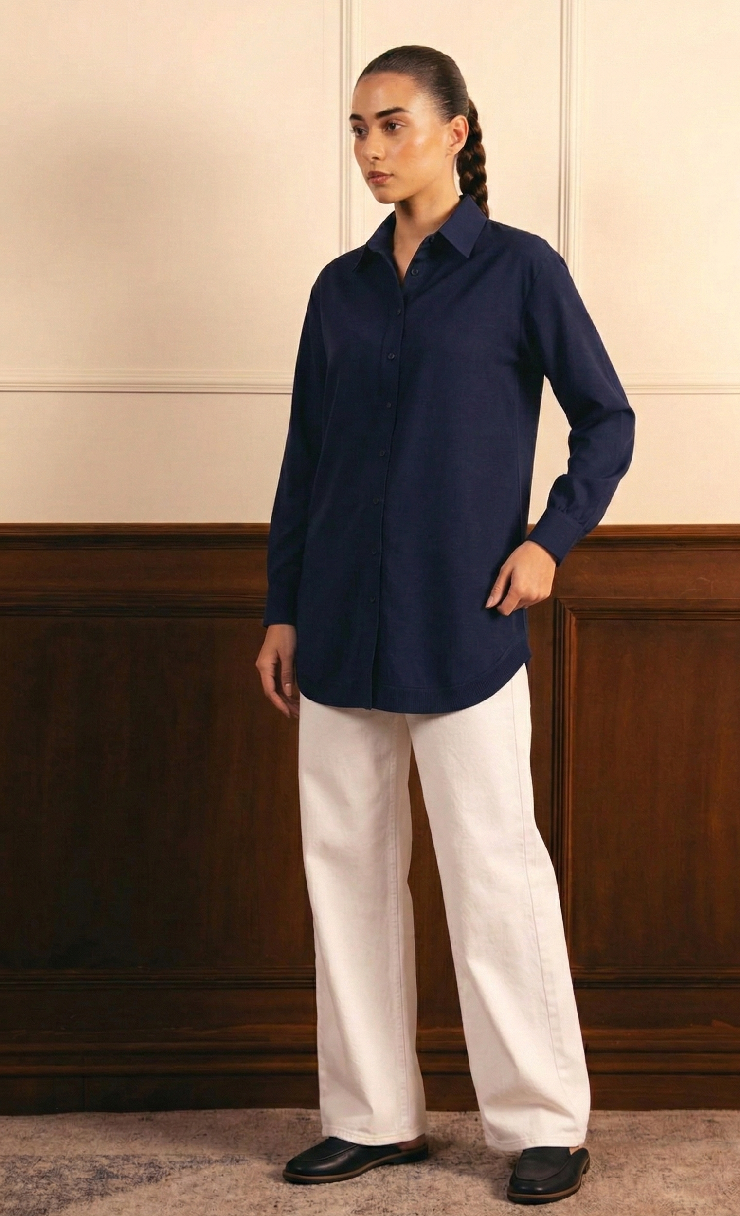 Navy Blue Button Down Shirt & White Wide Leg Jeans