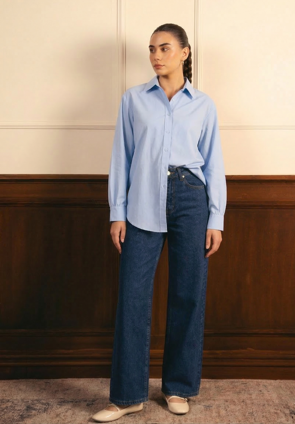 Sky Blue Button Down Shirt & Mid Blue Wide Leg Jeans