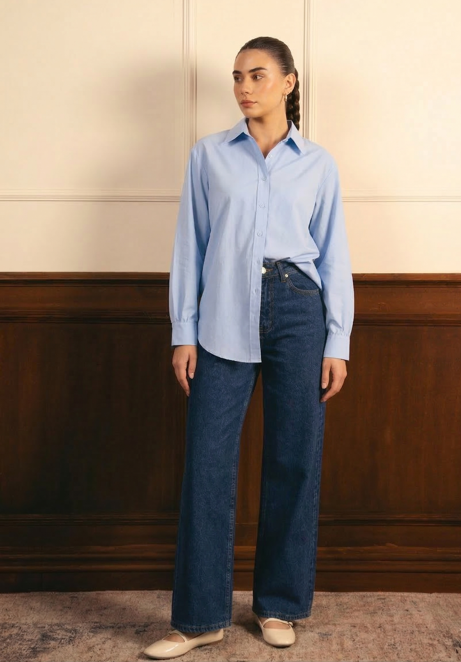 Sky Blue Button Down Shirt & Mid Blue Wide Leg Jeans