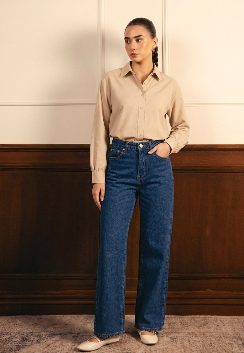 Beige Button Down Shirt & Mid Blue Wide Leg Jeans