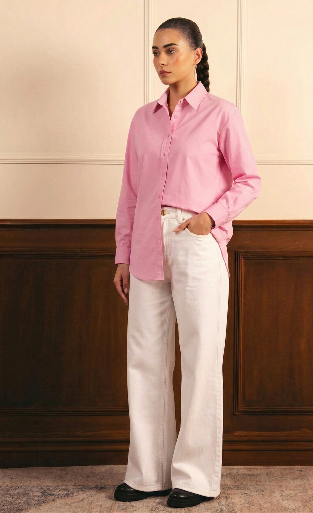 Baby Pink Button Down Shirt & White Wide Leg Jeans