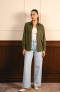 Olive Green Button Down Shirt with Inner & Ice-Blue Wide Legs Jeans