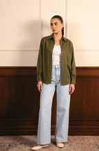 Olive Green Button Down Shirt with Inner & Ice-Blue Wide Legs Jeans