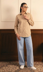 Beige Button Down Shirt & Ice-Blue Wide Leg Jeans