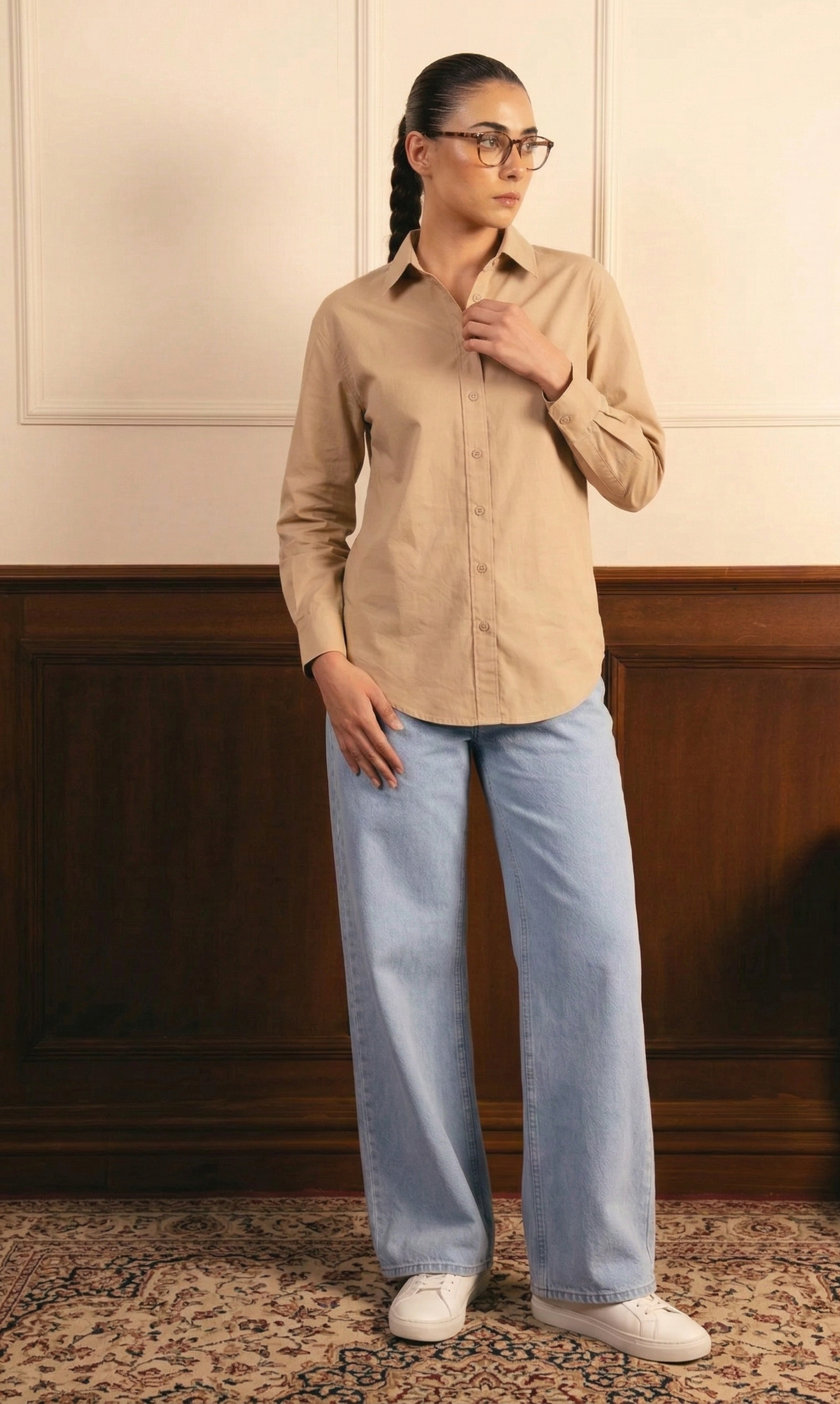 Beige Button Down Shirt & Ice-Blue Wide Leg Jeans