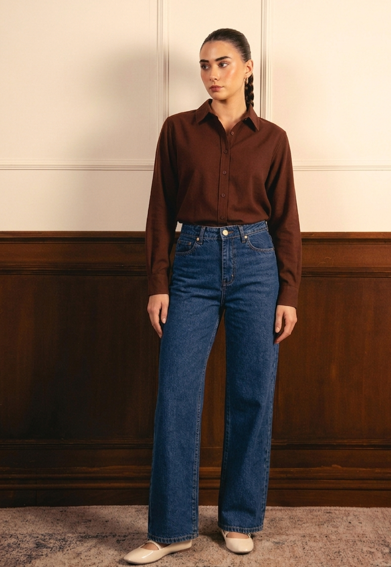 Brown Button Down Shirt & Mid Blue Wide Leg Jeans