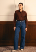 Brown Button Down Shirt & Mid Blue Wide Leg Jeans