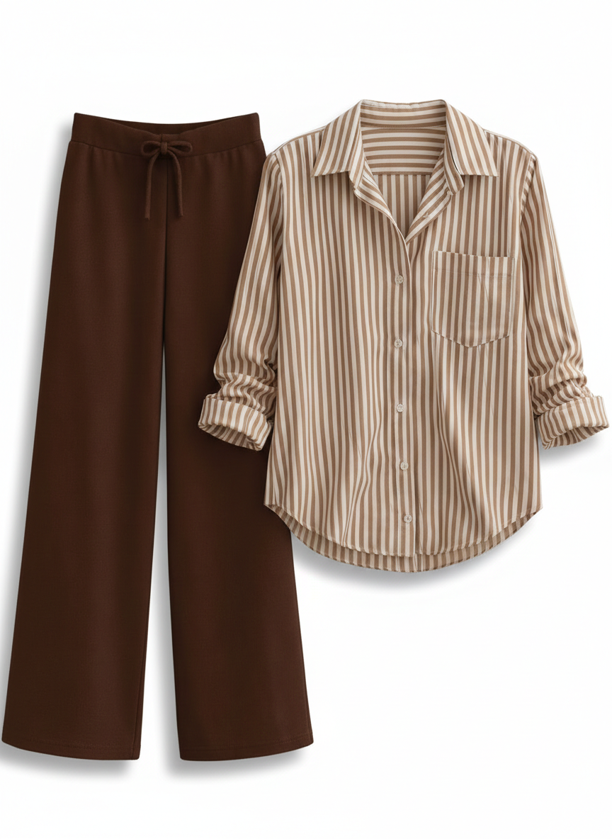 BEIGE LINING BUTTON DOWN SHIRT WITH BROWN FLAPPER TROUSER