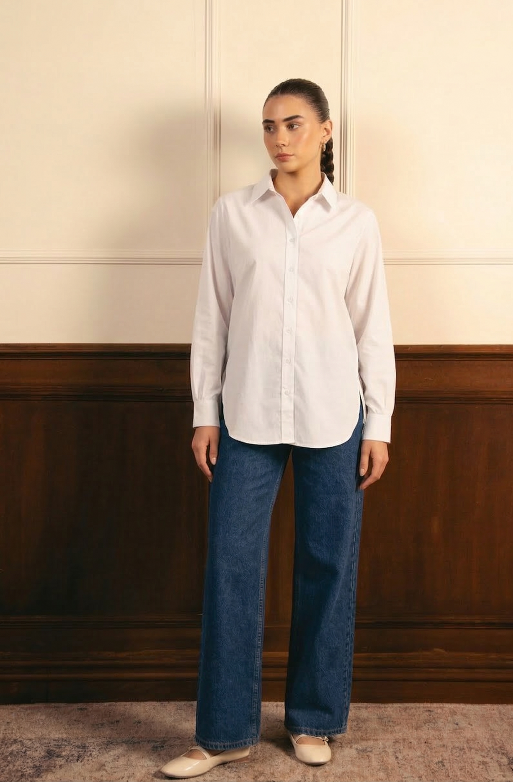 White Button Down Shirt & Mid Blue Wide Leg Jeans