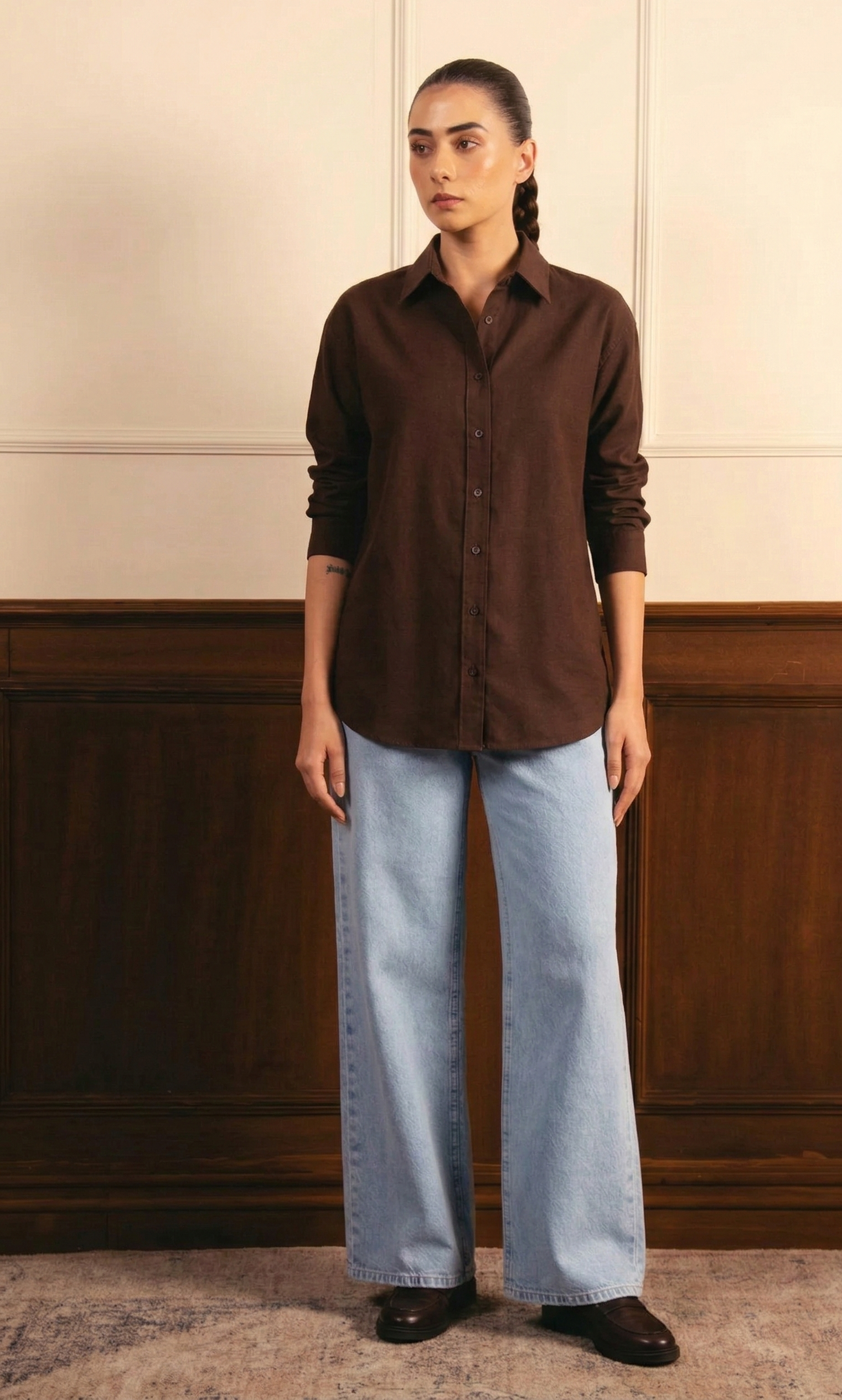 Brown Button Down Shirt & Ice-Blue Wide Leg Jeans