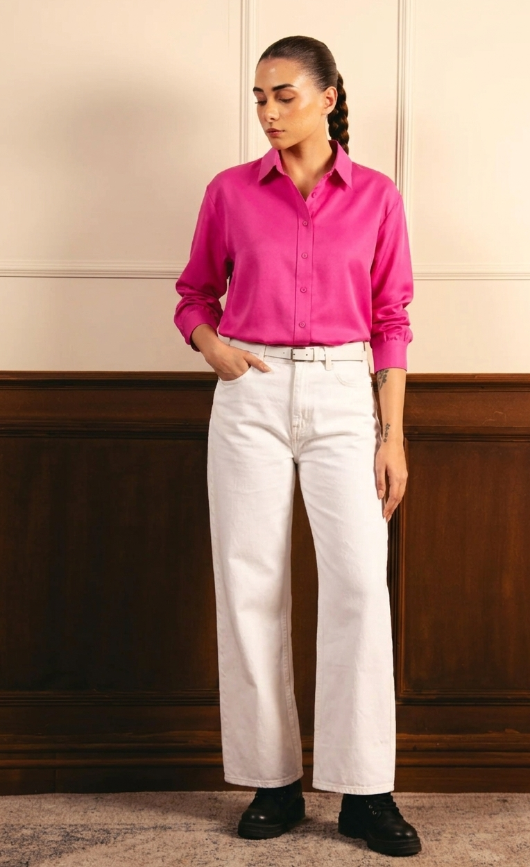 Hot Pink Button Down Shirt & White Wide Leg Jeans