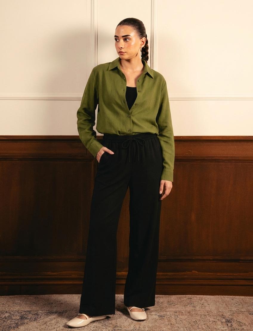 Olive Green Button Down Shirt With Black Inner & Black Flapper Trouser