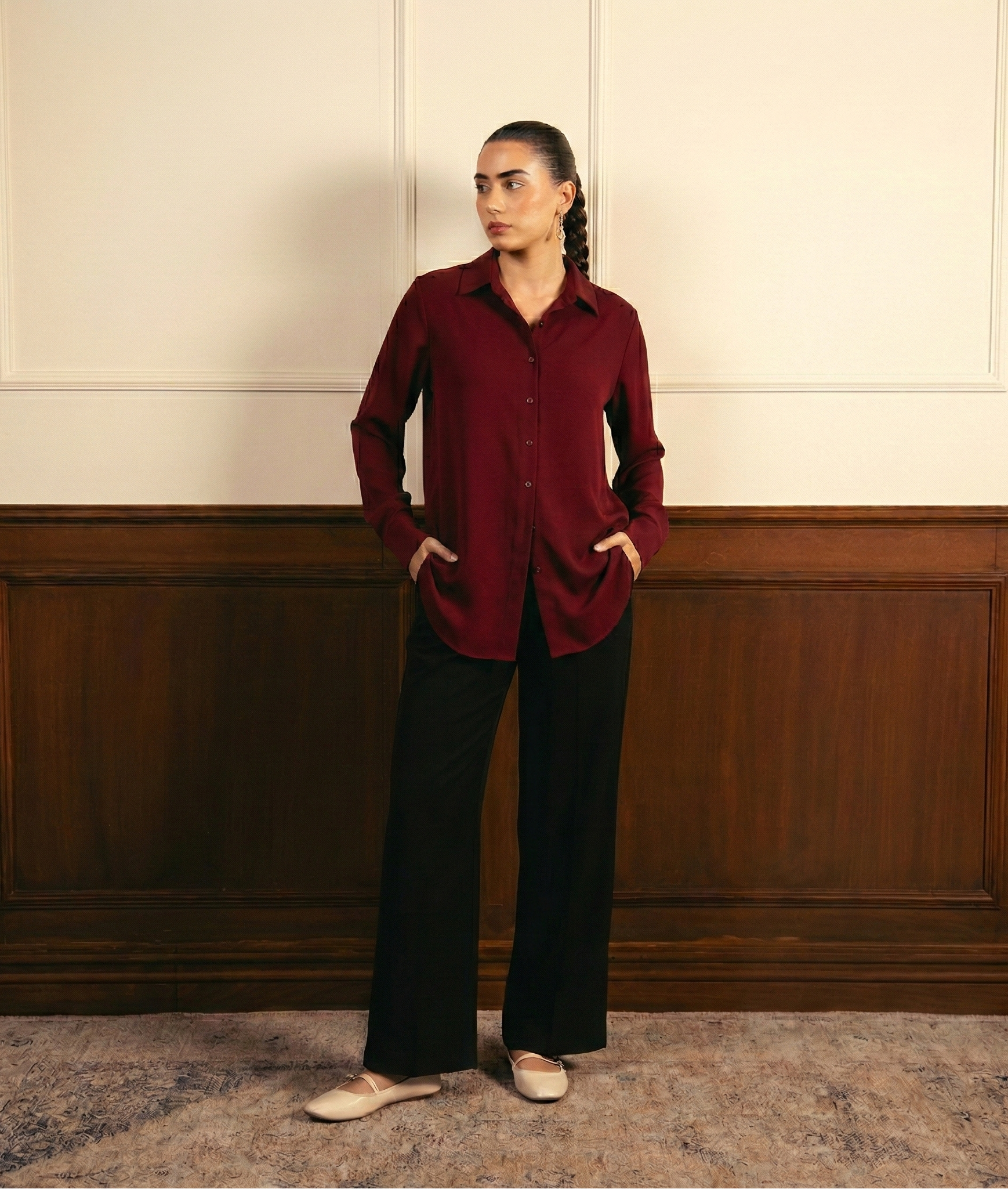 Maroon Button Down Shirt & Black Flapper Trouser