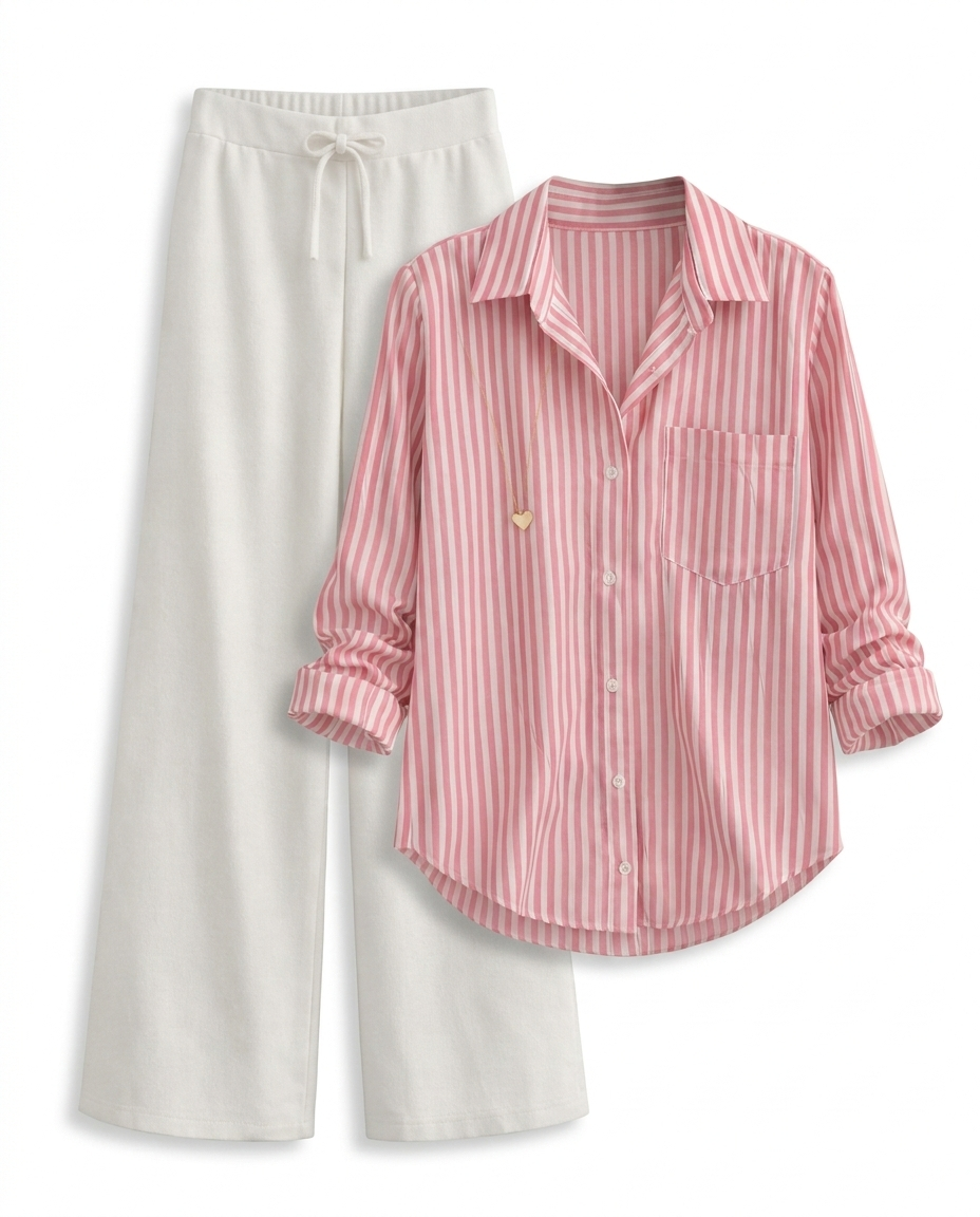 Baby Pink Lining Button Down Shirt With White Flapper Trouser