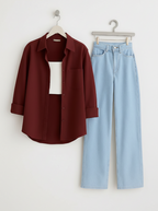 Maroon Button Down Shirt with Inner & Ice-Blue Wide Legs Jeans