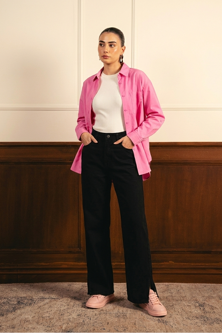 Baby Pink Button Down Shirt with Inner & Black Wide Legs Jeans