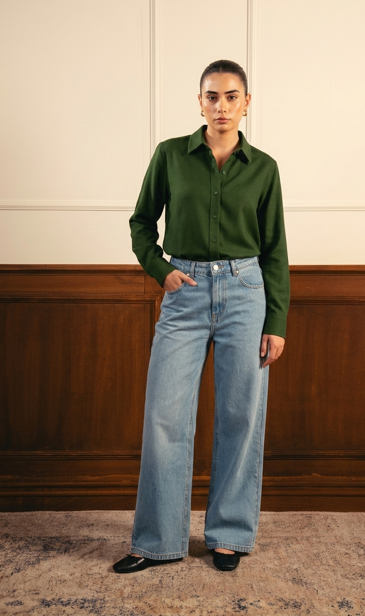 Bottle Green Button Down Shirt & Ice-Blue Wide Leg Jeans