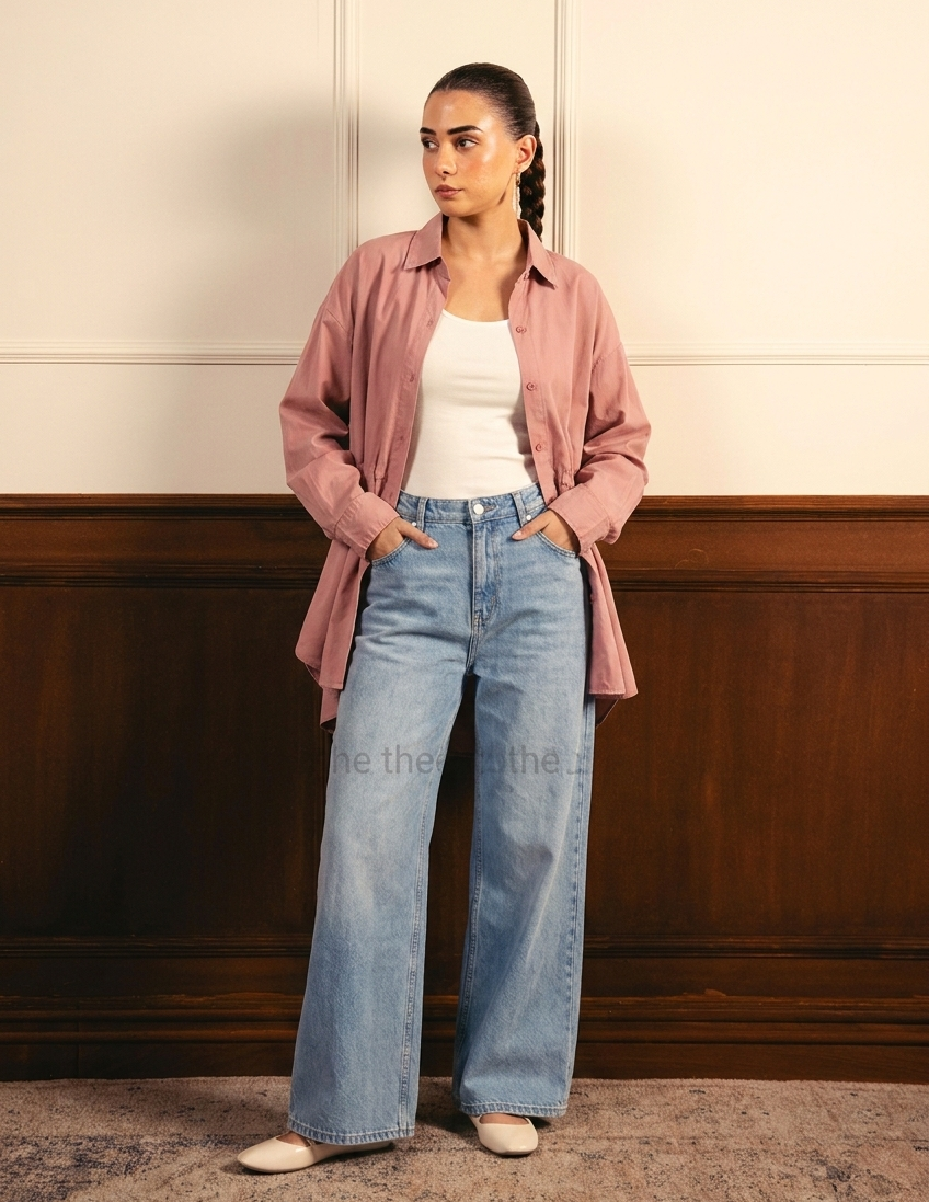 Baby Pink Button Down Shirt with Inner & Ice-Blue Wide Legs Jeans