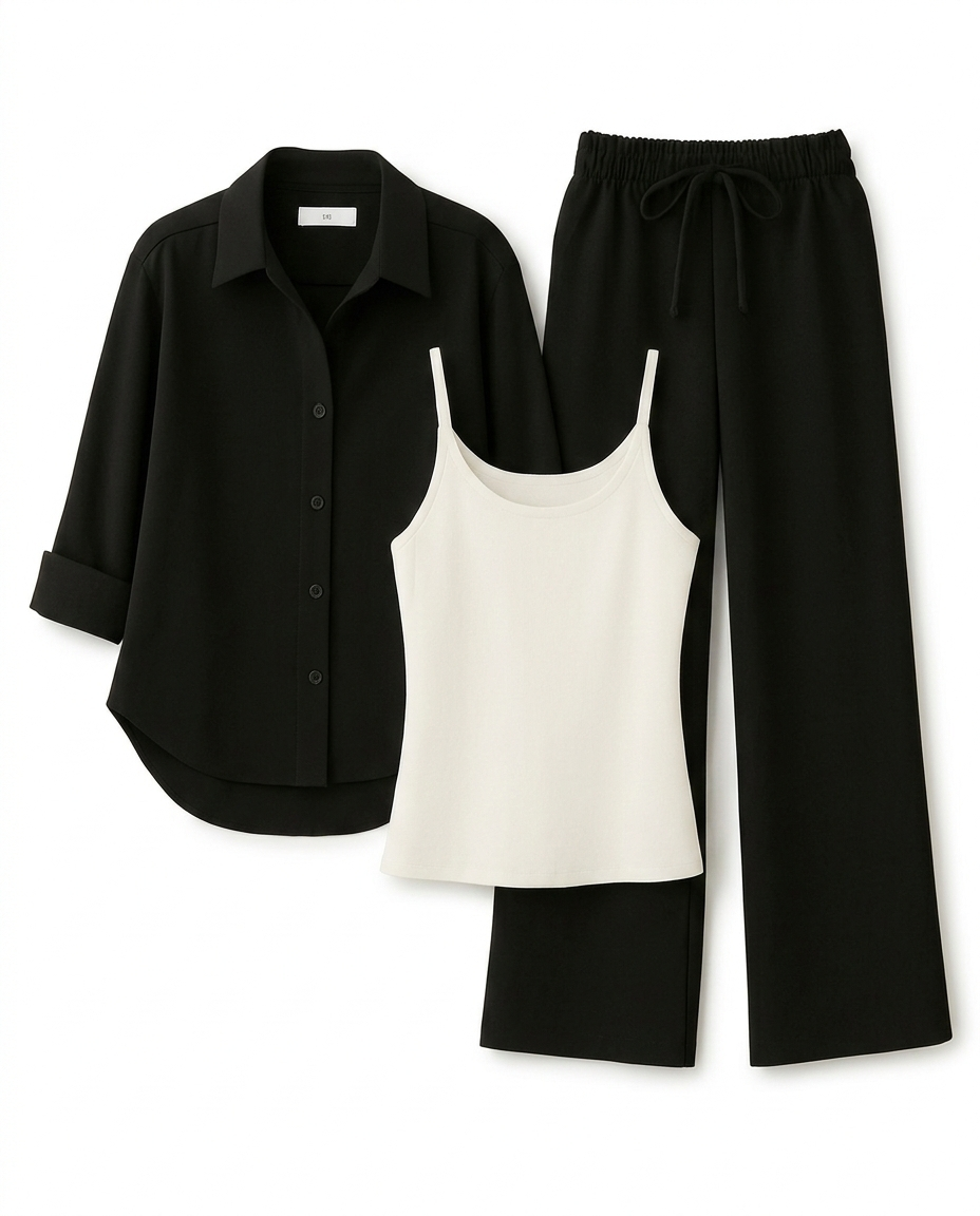 Black Button Down Shirt With White Inner & Black Flapper Trouser
