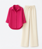 Hot Pink Button Down & Beige Flapper Trouser