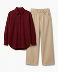 Maroon Button Down Shirt & Beige Wide Leg Jeans