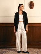 Black Button Down Shirt with Inner & White Wide Legs Jeans