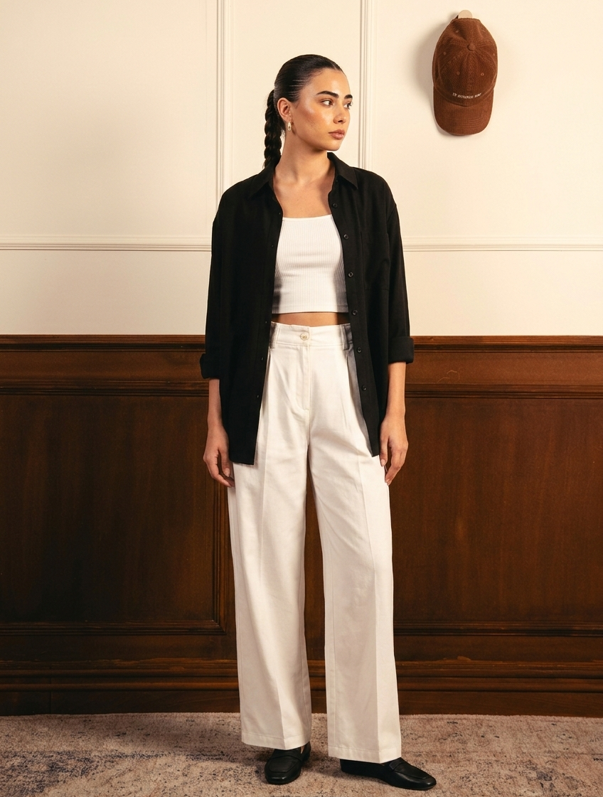 Black Button Down Shirt with Inner & White Wide Legs Jeans