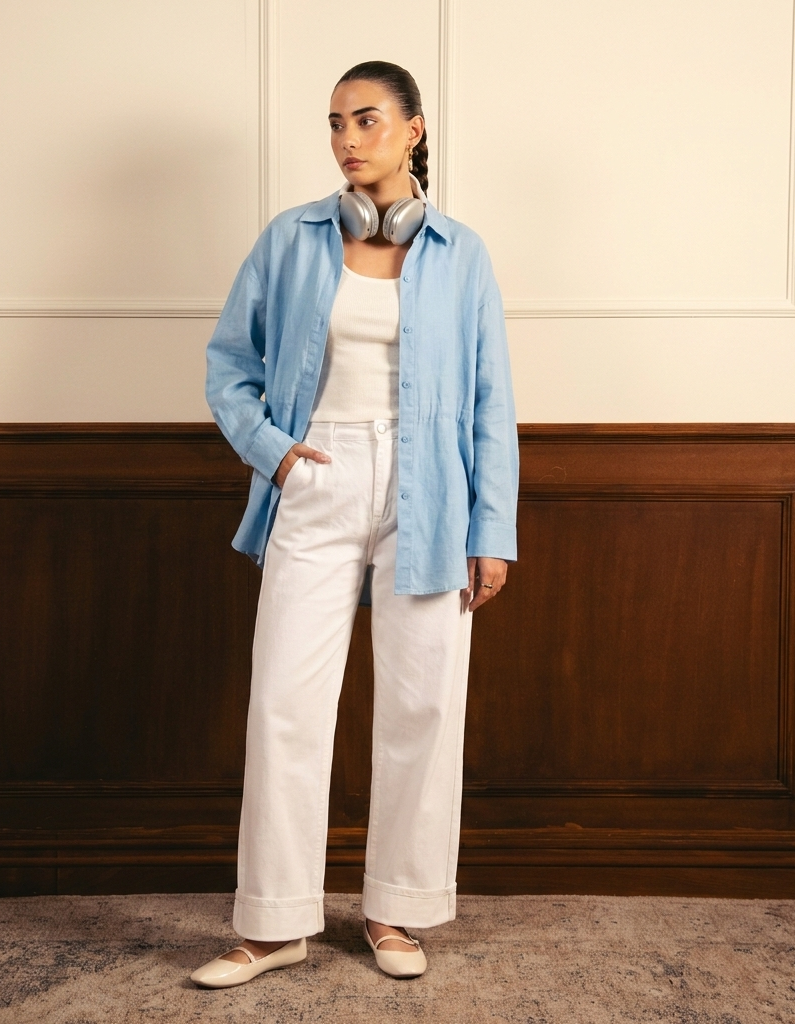 Sky Blue Button Down Shirt with Inner & White Wide Legs Jeans