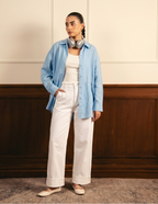 Sky Blue Button Down Shirt with Inner & White Wide Legs Jeans