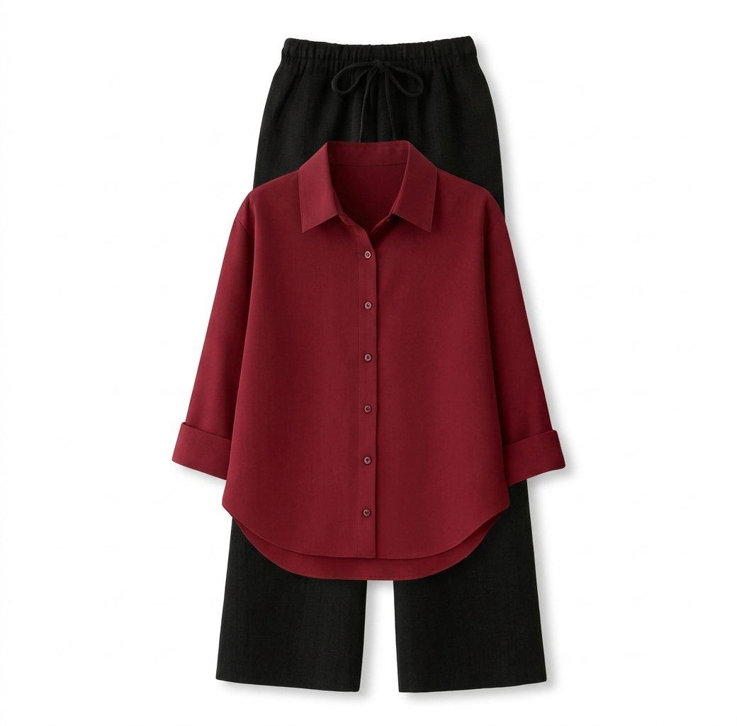 Maroon Button Down Shirt & Black Flapper Trouser