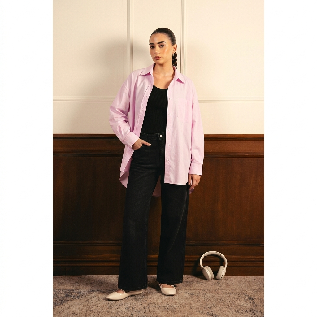 Baby Pink Button Down Shirt with Black Inner & Black Wide Legs Jeans