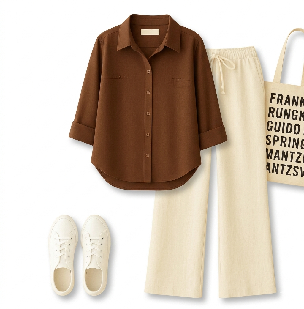 Brown Button Down Shirt & Beige Flapper Trouser