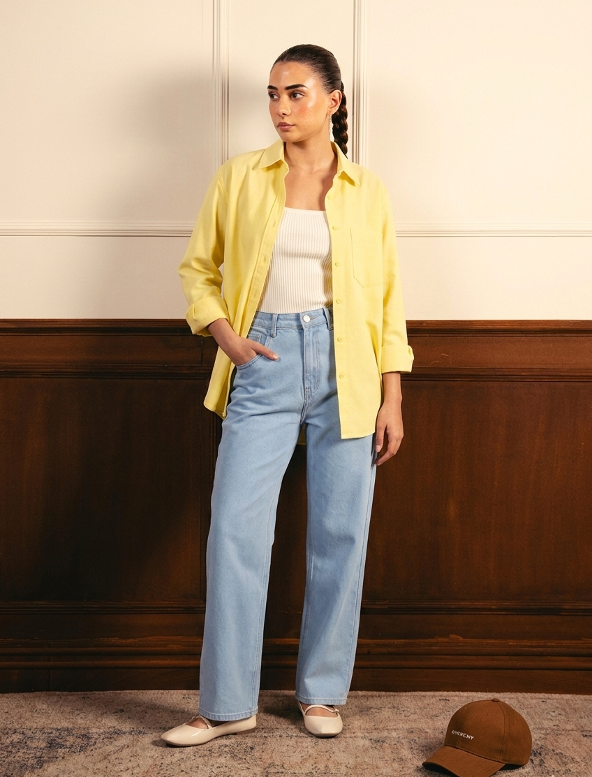 Lemon Button Down Shirt With Inner & Ice-Blue Wide Leg Jeans