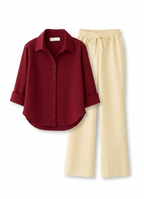 Maroon Button Down Shirt & Beige Flapper Trouser