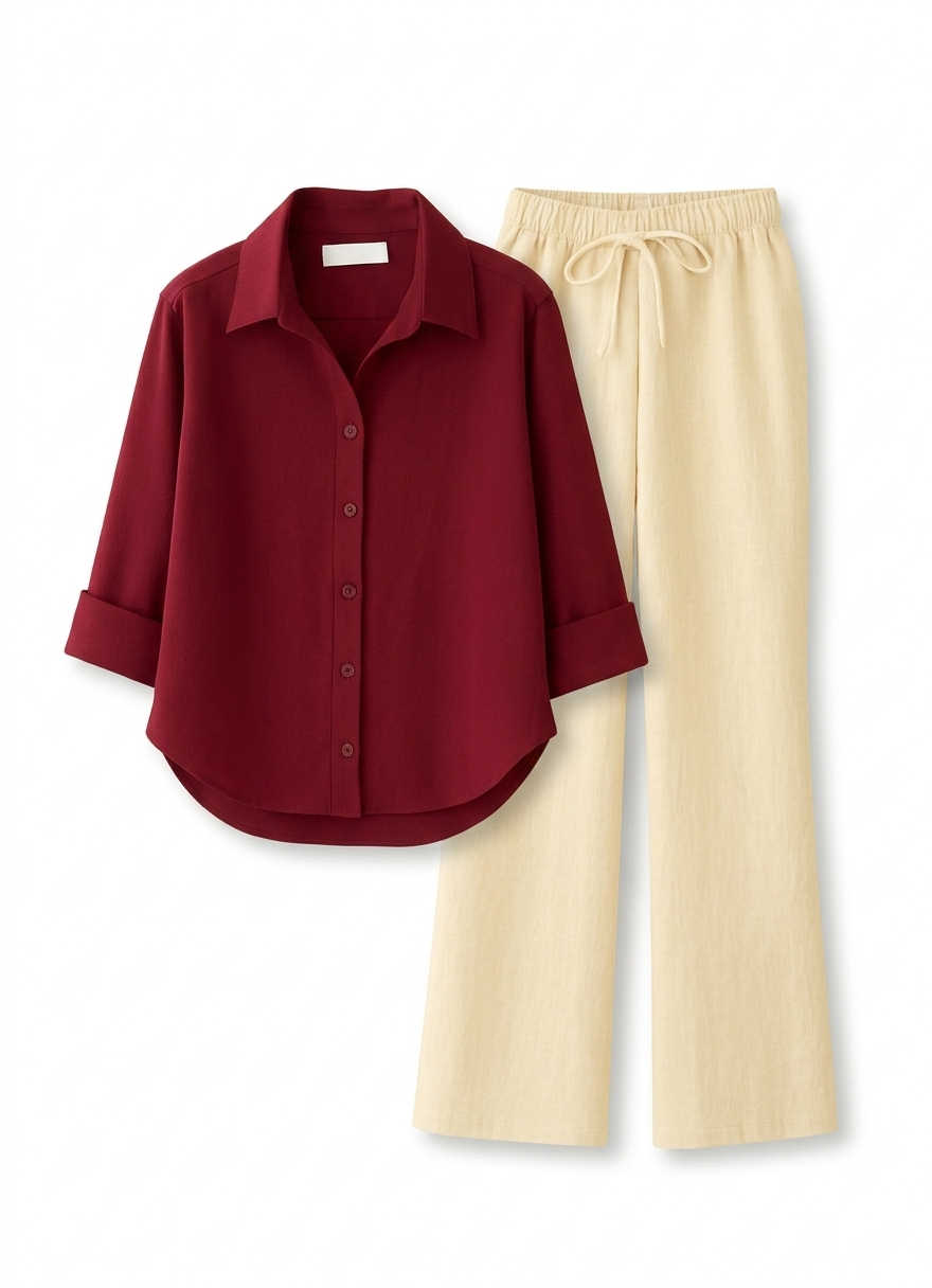 Maroon Button Down Shirt & Beige Flapper Trouser