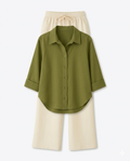 Olive Green Button Down Shirt & Beige Flapper
