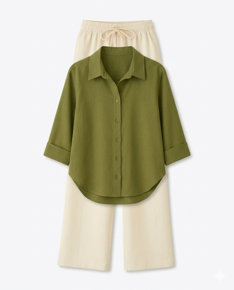 Olive Green Button Down Shirt & Beige Flapper