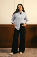 BLUE LINING BUTTON DOWN WITH BLACK WIDE LEG JEANS
