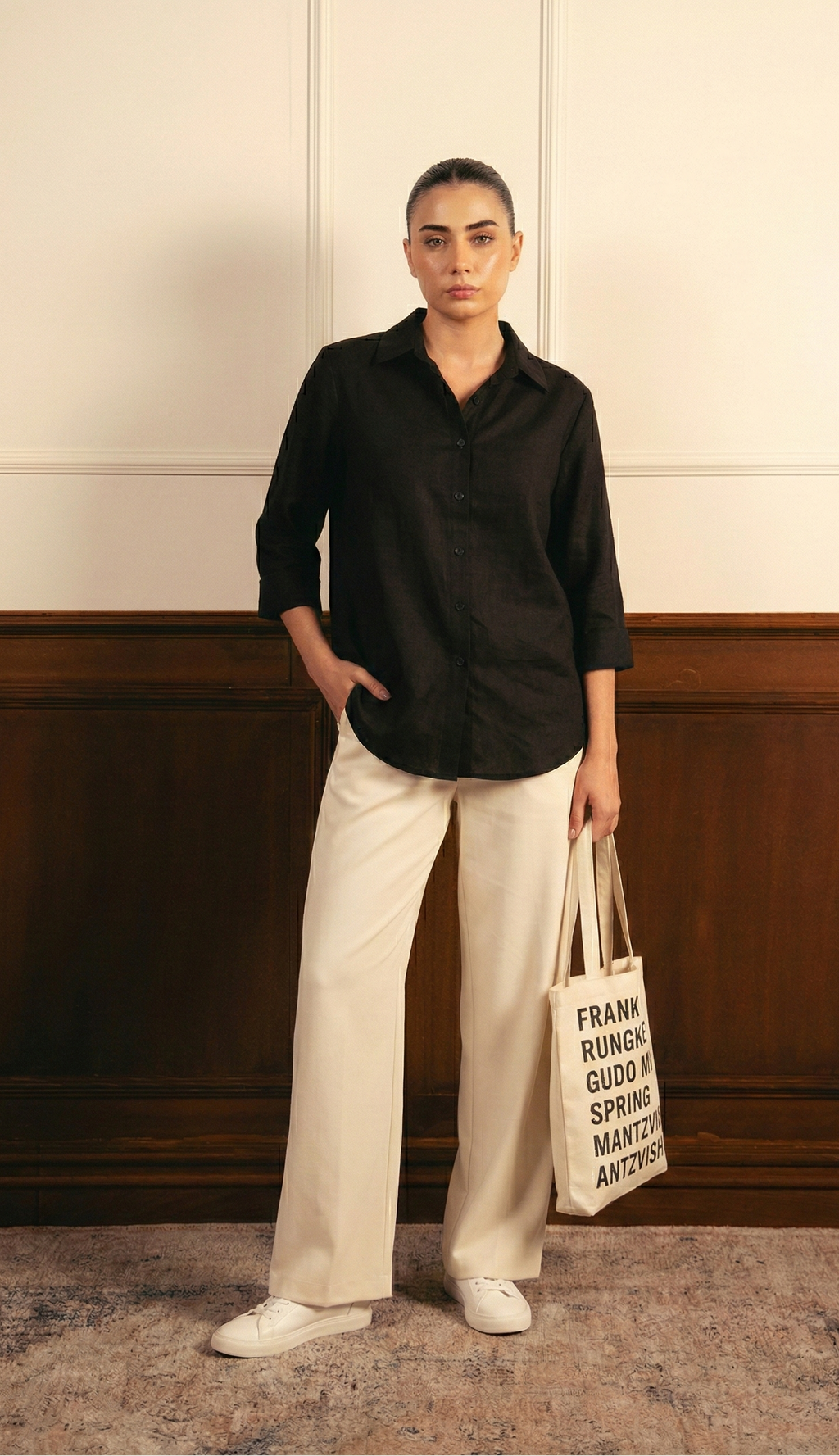 Black Button Down Shirt & Beige Flapper Trouser