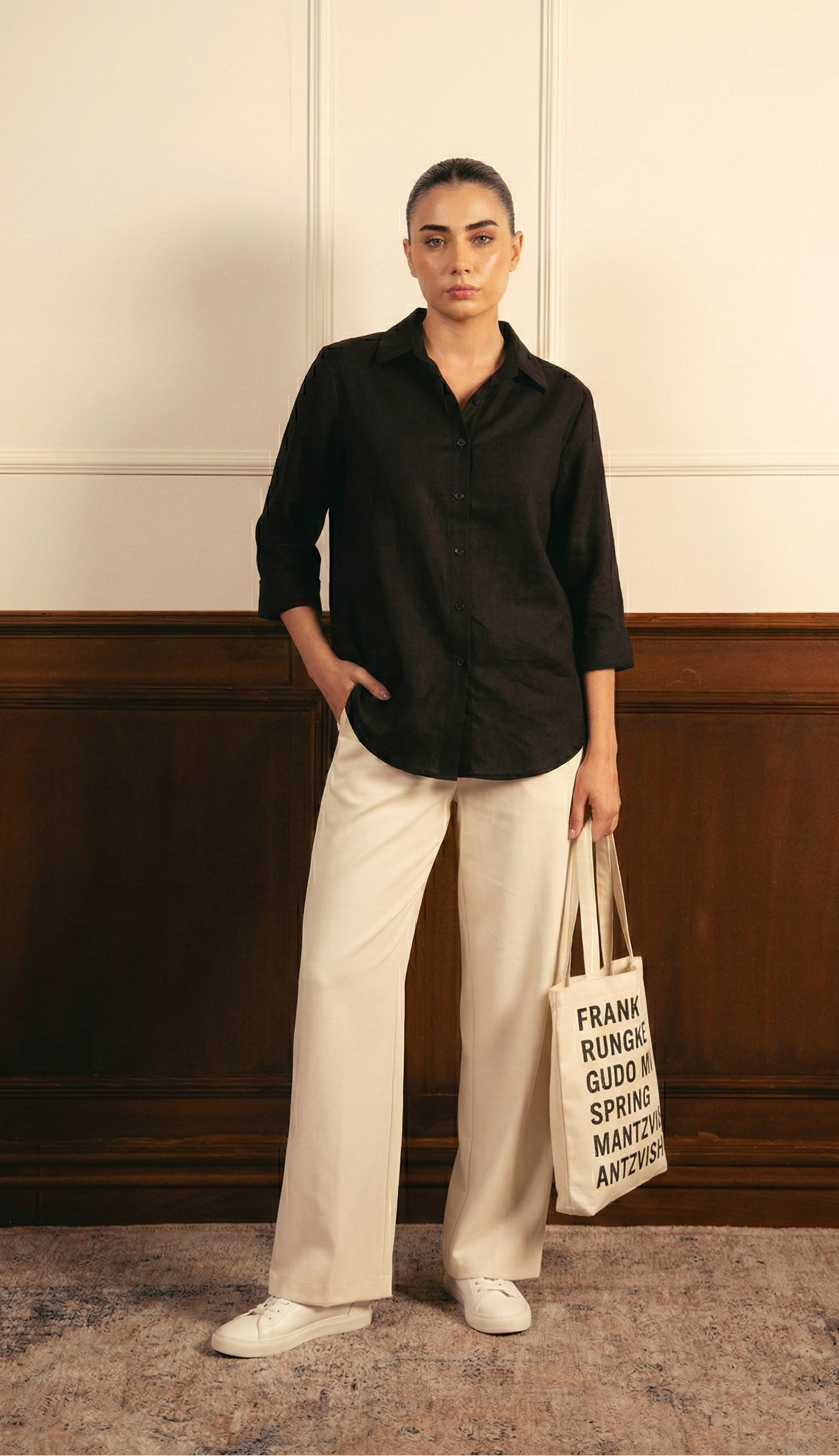 Black Button Down Shirt & Beige Flapper Trouser